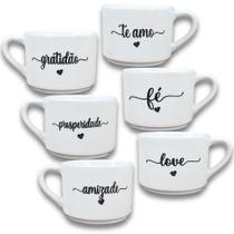 Jogo de Xícaras de Café e Chá 200ml Semi-Empilháveis em Porcelana Branca Decorada