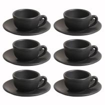 Jogo de Xícaras De Café em Cerâmica Preto Matte Fosco Com Pires 70ml 6 un