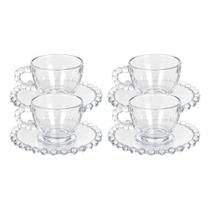Jogo de Xícaras de Café Pérola com Pires 100ml Kit 4 Peças em Vidro Elegante