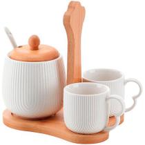 Jogo De Xícaras De Cerâmica De Café Oasis Suporte Bambu Branco 90 Ml 05 Peças