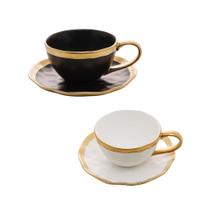 Jogo De Xícaras De Chá 200ml Porcelana Branca E Preta Com Dourado - 2 Peças