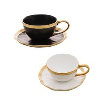 Jogo De Xícaras De Chá 200ml Porcelana Branca E Preta Com Dourado - 2 Peças Jogo De Xícaras De Chá 200ml Porcelana Branca E Preta Com Dourado - 2 Peças