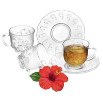 Jogo de Xícaras de Vidro 12 Peças Para Chá Kit Contendo 6 Xícaras e 6 Pires de Café Com Design Moderno E Elegante de Hibiscus 200ml Migi Glass