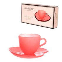 Jogo de Xícaras de Vidro Rosa 85ml com Pires em Formato de Coração Elegância e Charme para seu Café