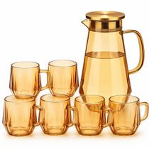 Jogo de Xícaras e Jarra em Vidro Âmbar 7 Peças Elegante e Resistente