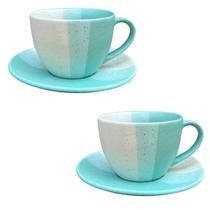 Jogo de Xicaras E Pires Café Chá Cerâmica 250ml Verde 4 Peças