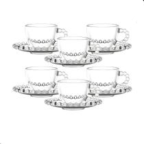 Jogo De Xícaras E Pires Em Vidro 12 Peças Café Pearl Pérola 6 Xícaras, 6 Pires 100ml