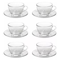 Jogo de Xícaras Para Chá Com 12 Peças de Vidro Transparente Kit Canecas de Café 230ml Conjunto de 6 Xícaras e 6 Pires de Vidro Design Elegante Ingá