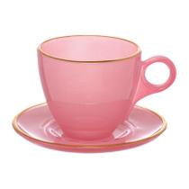 Jogo de Xícaras para Chá Matte com Pires em Cristal Rosa com Borda Dourada 170ml 4 Peças - Hauskraft