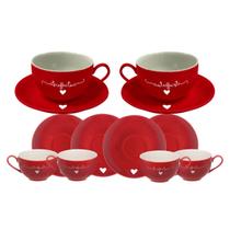 Jogo de Xícaras Porcelana Chá 6 Xícaras e 6 Pires Hauskraft 160ml Lamour Vermelho