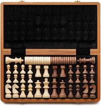 Jogo dobrável de xadrez e damas de madeira de 15, peças Staunton de 3, 2 rainhas bônus, caixa de mogno com marchetaria