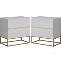 Jogo Duas Mesas De Cabeceira Eros Off White Base Dourada