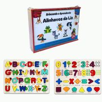 Jogo Educativo Aprender Inglês Letras e Números Colorido e 8 Alinhavos com Caixa de Madeira