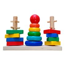 Jogo Educativo Puzzle Tower com 15 Peças Base de Madeira e Blocos Plásticos Coloridos de Encaixe