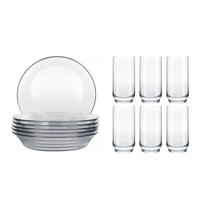 Jogo Elegante 6 Pratos Vidro Fundo + 6 Copos Vidro Lights 410ml Jogo Elegante 6 Pratos Vidro Fundo + 6 Copos Vidro Lights 410ml
