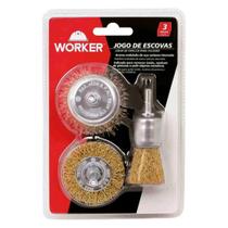 Jogo Escova De Aço 3 Pçs Arame Ondulado P/ Furadeira Worker