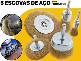 Jogo Escova De Aço Circular Fertak 5 Peças C/ Haste P/ Furadeira Polimento Limpeza Lixar E Remover Ferrugem