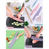Jogo Facas 4 Peças Colorido + Tesoura + Descascador Moderno