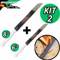 Jogo Facas 6" E 8" Para Pão Com Serra Aço Inox Cabo Branco Serrilhada Para Pães Bolo Tortas Cozinha