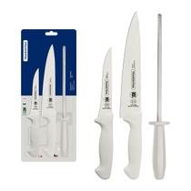 Jogo facas carne tramontina 3 pecas c/ chaira premium laminas aco inox e cabos polipropileno branco