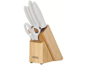 Jogo Facas Cozinha Cepo Cabo Branco 6Pçs Plenus Tramontina