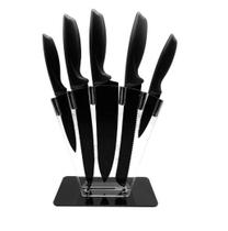 Jogo Facas Inox 5 Peças Suporte Acrílico Cepo Cor Preto