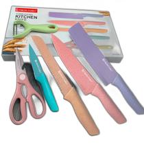 Jogo Facas Inox Profissional Colorido 6 Pçs Moderno Tesoura
