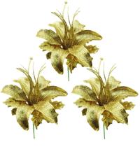 Jogo Flor Lírio Natalino Glitter Dourada 24cm 3 Unidades - Yangzi Jogo Flor Lírio Natalino Glitter Dourada 24cm 3 Unidades - Yangzi