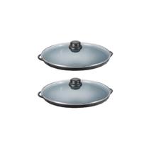 Jogo Forma de Pizza De Ferro Fundido 2 Pçs 30 Cm Tampa de Vidro Panela Mineira