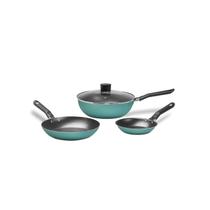 Jogo Frigideira Antiaderente Alumínio Wok Tampa Kit 3 Peças - Azul turquesa
