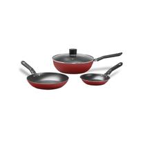 Jogo Frigideira Antiaderente Alumínio Wok Tampa Kit 3 Peças - Cereja