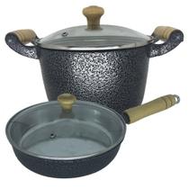 Jogo Frigideira e Caldeirão Aluminio Batido com Tampa de Vidro Jogo Frigideira e Caldeirão Aluminio Batido com Tampa de Vidro