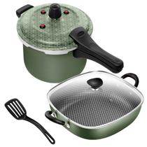Jogo Frigideira Quadrada 2 Alças N29 Antiaderente + Panela de Pressão Fechamento Externo 5 Litros Verde Patolux