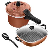 Jogo Frigideira Quadrada 2 Alças N29 Antiaderente + Panela Pressão Fechamento Externo 5L Cobre
