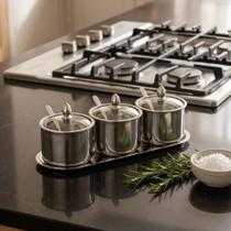 Jogo Galheteiro 3 Unidades Vidro Metal Prateado Bandeja Organizadora Temperos Especiarias Gourmet Jogo Galheteiro 3 Unidades Vidro Metal Prateado Bandeja Organizadora Temperos Especiarias Gourmet