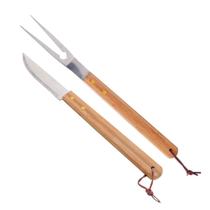 Jogo Garfo e Faca de Churrasco Profissional Corte Aço Inox Cabo Bambu Açougueiro 37cm Lyor