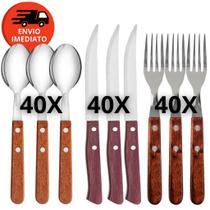 Jogo Garfo Refeição Faca Mesa Colher Sopa Talher Inox Cabo Madeira Restaurante Churrascaria Buffet