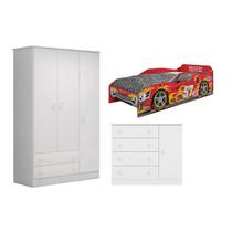 Jogo Infantil 3 Peças Guarda Roupa Cômoda e Cama Car - Móveis Leartam