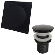 Jogo Inox Preto Valvula click 1 1/4 Para Pia E Ralo Click Quadrado 15x15 Para Banheiro Lavatorio Kit 2 Peças Preta fosco