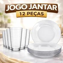 Jogo Jantar 12 Peças Pratos Fundos Vidro Liso Resistente Jogo Jantar 12 Peças Pratos Fundos Vidro Liso Resistente