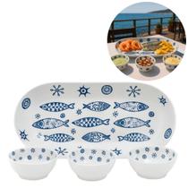Jogo Jantar 4 Peças Melamina Petisqueira Bowl Prato Peixes