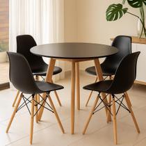 Jogo Jantar Sala Cozinha Mesa Leda 80cm Redonda MDF Preto com 04 Cadeiras Eiffel Eames Moderna Preta