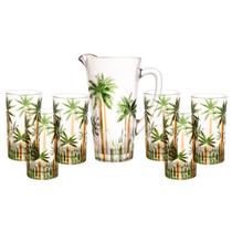 Jogo Jarra 1,2L e 6 Copos 360ml Decorados Palm Cristal Wolff Palmeira