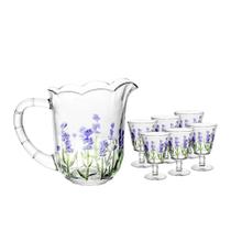 Jogo Jarra 1,5 L + 6 Taças de Vidro Com Pintura Relevo Floral Lavanda