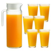 Jogo Jarra 1L com Tampa e 6 Copos 280ml Vidro Canelado Transparente Design Ondulado Kit 7 Peças Para Servir Água Suco e Refresco
