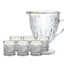 Jogo Jarra 1L e 6 Copos 310ml Bico Abacaxi Fio Dourado L''Hermitagem. Jogo Jarra 1L e 6 Copos 310ml Bico Abacaxi Fio Dourado L''Hermitagem.