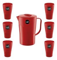 Jogo Jarra De Suco 2l + 6 Copos 300ml Vermelho Resistente