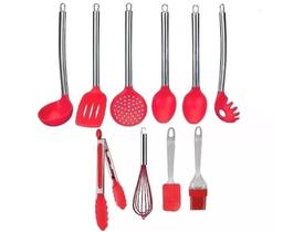 Jogo Kit 10 Colheres De Silicone Cabo Inox Utensílios Vermelho