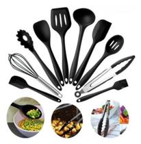 Jogo Kit 10 Utensílios Silicone Preto Cozinha Colher Pegador Concha Espátula Pincel - Iddeale