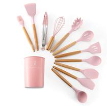 Jogo Kit 12 Colheres De Silicone Cabo De Madeira 12 Peças Utensílios Cozinha Livre BPA Decoração ROSA